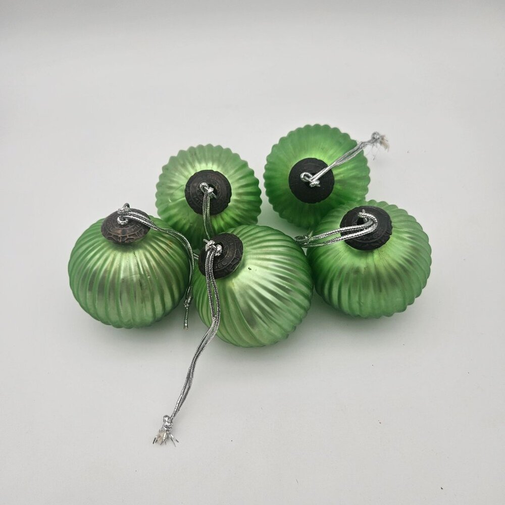 Midwest Kugel Iridescent Lime Green Ribbed Glass 3" Ornaments Lot of 5